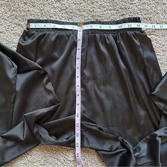 Vici Black Satin 2 Piece Set with Feather Cuff Tie-Front Top Wide Leg Pants S - Picture 10 of 13